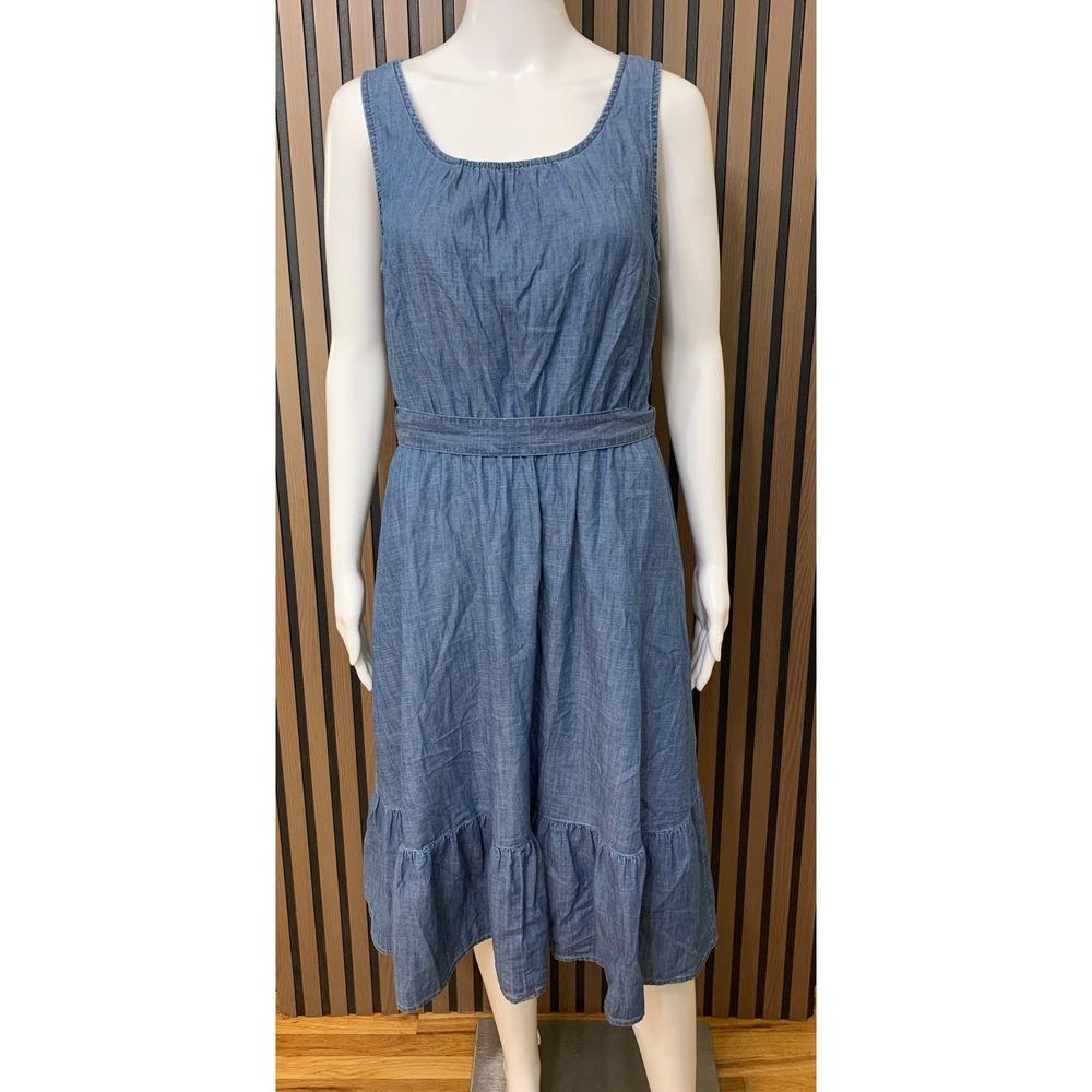 Talbots Blue Cotton Chambray Sleeveless Midi Dress Tiered Ruffle Hem Size 2